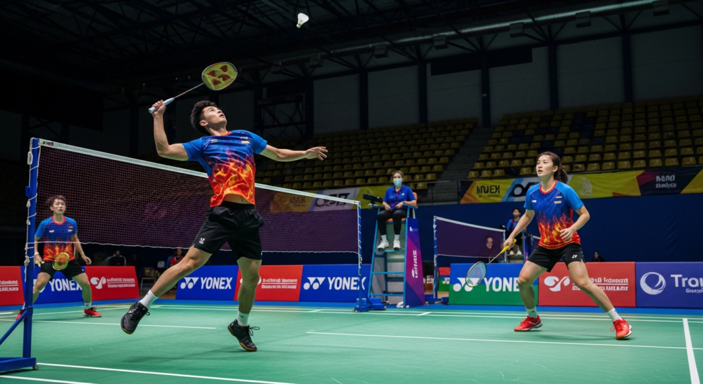 Dwóch graczy badmintona podczas dynamicznego meczu w hali sportowej