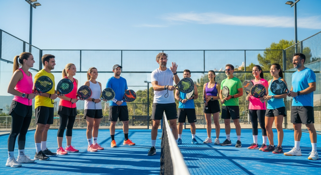 Uczestnicy Rakiety Padel Camp z trenerami na kortach w Alicante