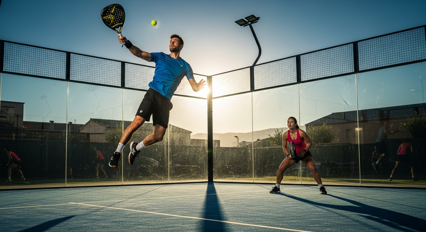 Zaawansowani gracze padla w dynamicznym meczu na szklanym korcie