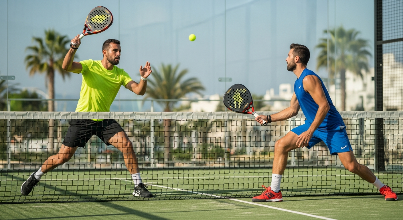 Gracze padla podczas wymiany na korcie ze szklanymi ścianami