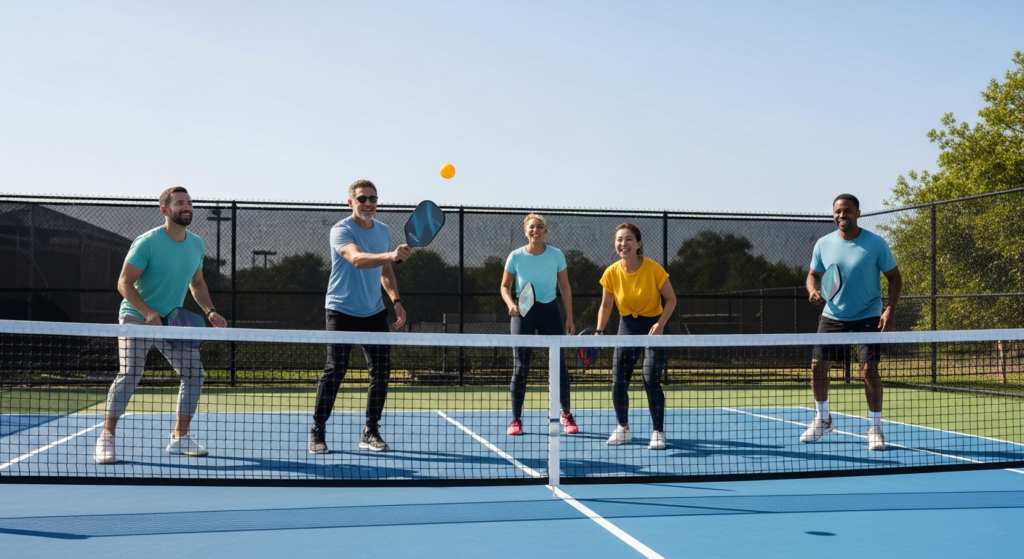 Czwórka przyjaciół grająca w pickleballa na świeżym powietrzu