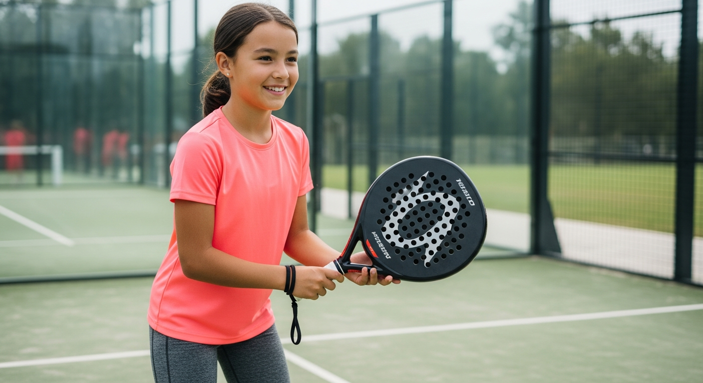 Początkujący gracz padla z rakietą o okrągłej główce na korcie