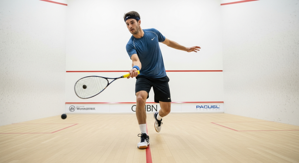 Gracz squasha w dynamicznym ruchu podczas meczu